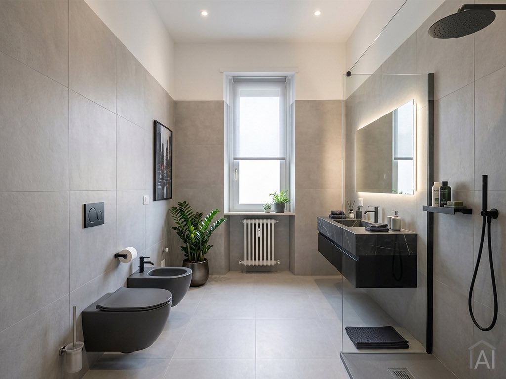 Dopo: simulazione di ristrutturazione moderna dello stesso bagno con ImmoAI.
