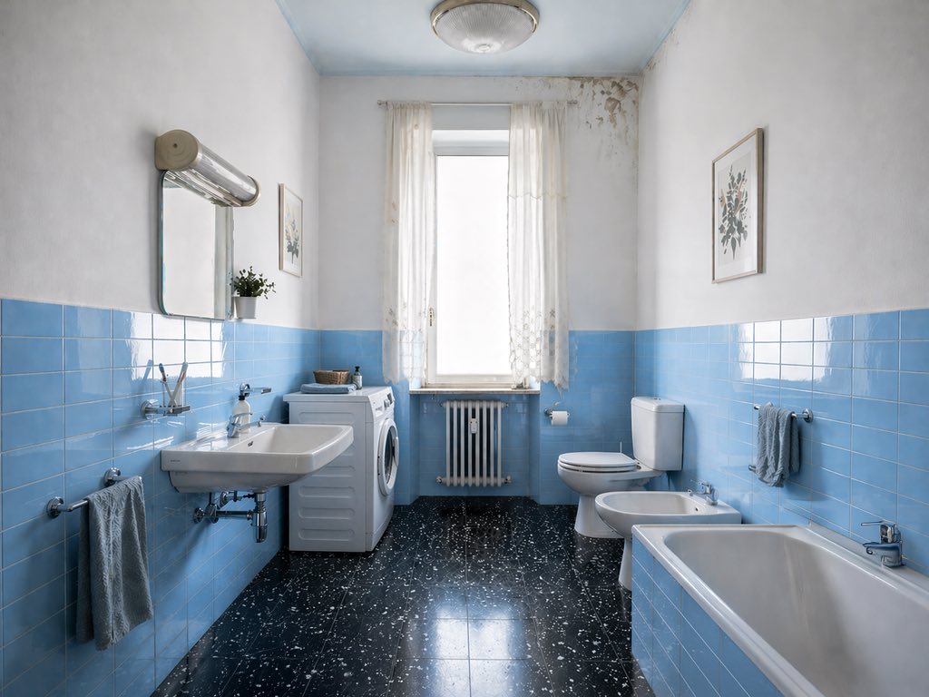Prima: bagno anni '70 con piastrelle azzurre e segni di umidità.