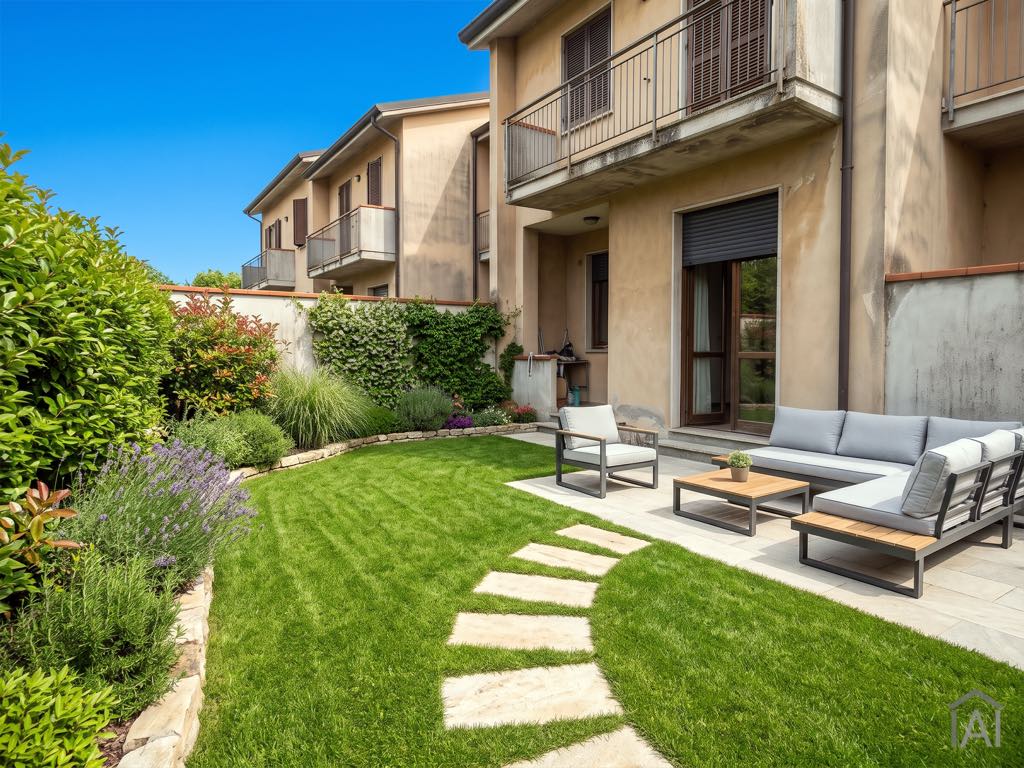 Dopo: simulazione dello stesso giardino con prato curato, piante e salotto da esterno, realizzata con ImmoAI.