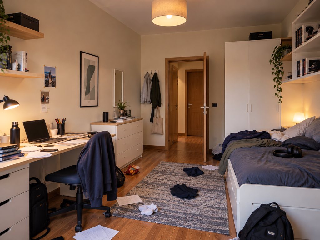 Prima: camera con vestiti, borse e oggetti sparsi sul pavimento e sul letto.