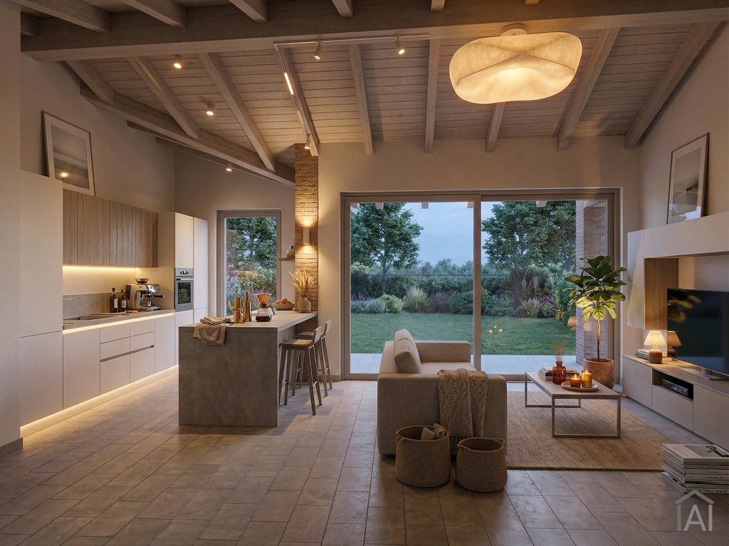 Dopo: lo stesso render arredato e illuminato in modo realistico con ImmoAI.