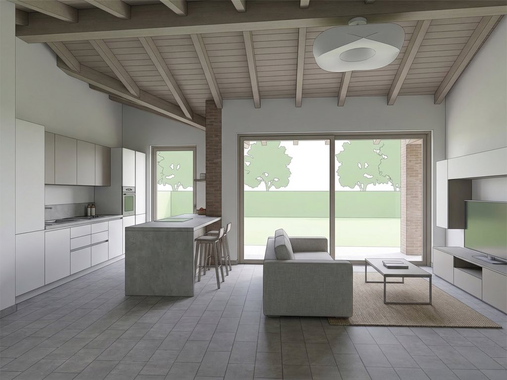 Prima: render grezzo di un open space di nuova costruzione.