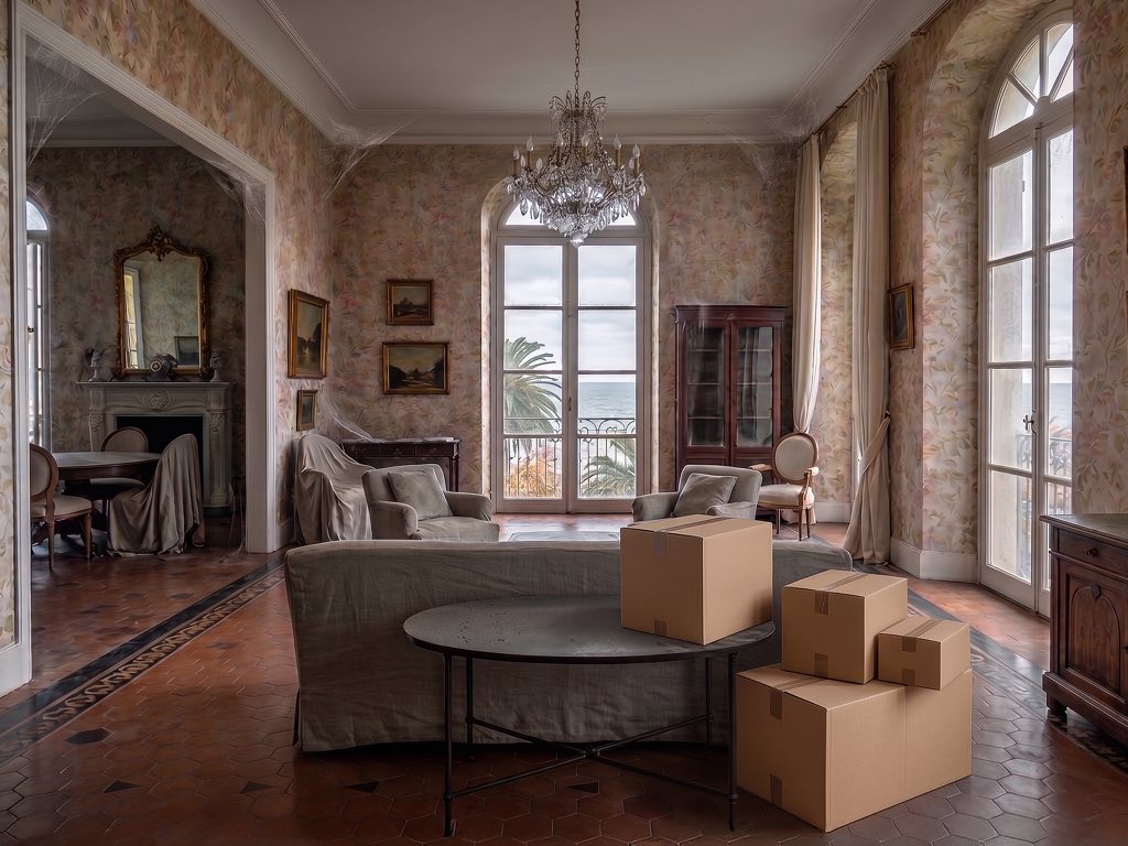 Prima: salone con mobili coperti, scatoloni e cielo grigio fuori dalle finestre.