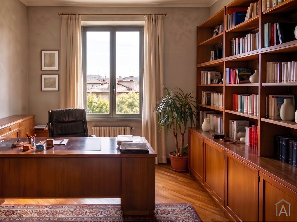 Dopo: lo stesso studio con le foto personali sostituite da quadri e oggetti neutri.