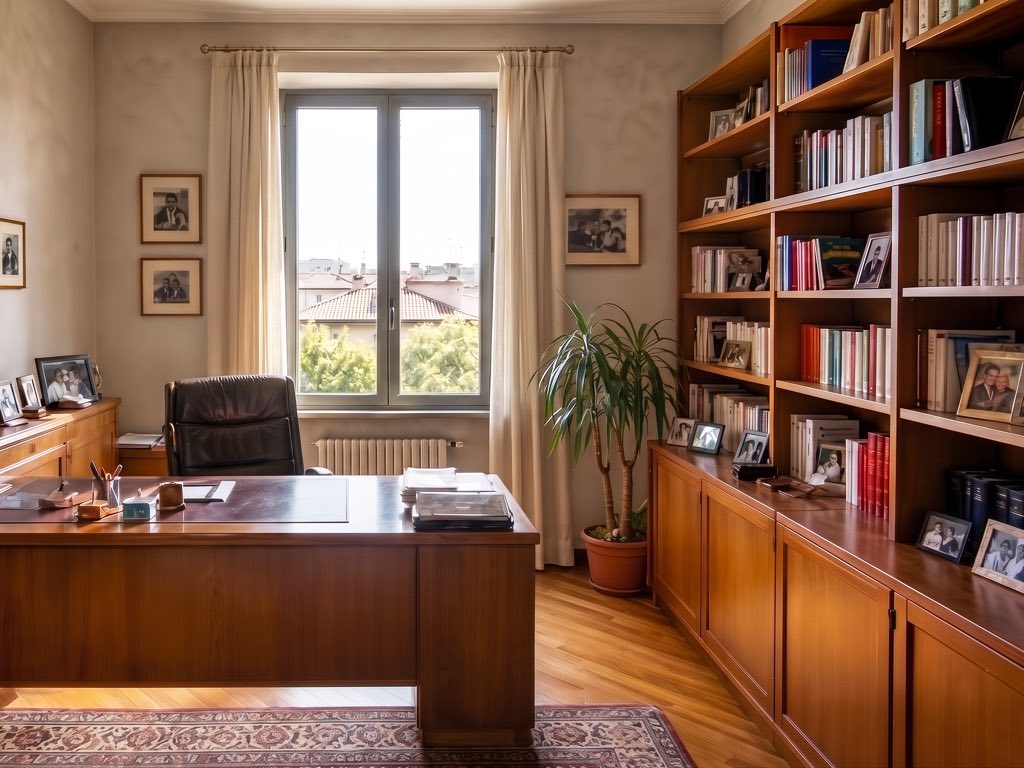 Prima: studio abitato con 20 fotografie di famiglia evidenziate.
