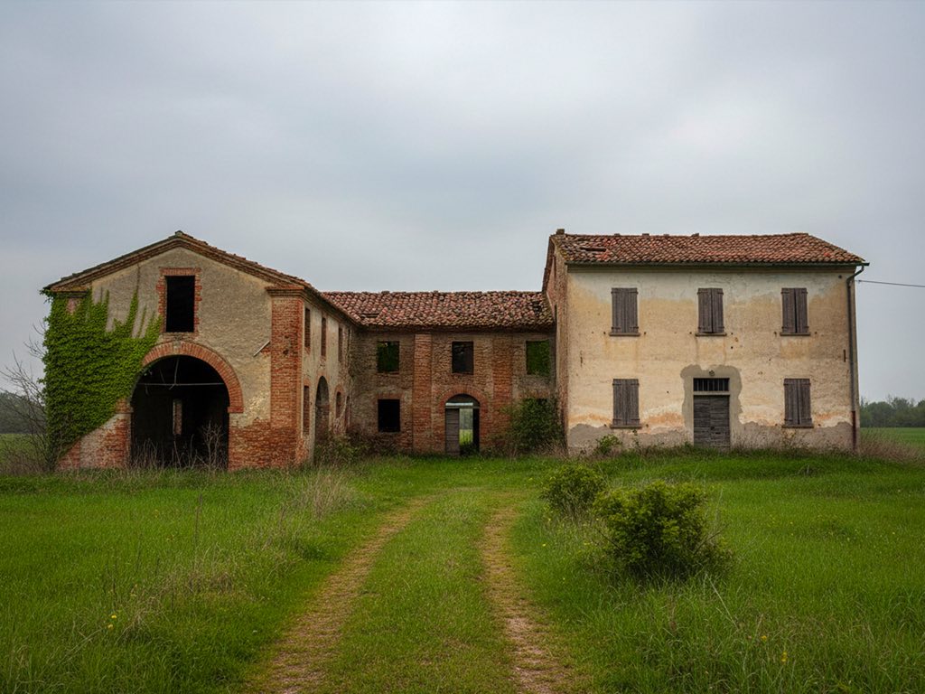 Prima: casale da ristrutturare con intonaco rovinato e prato incolto.
