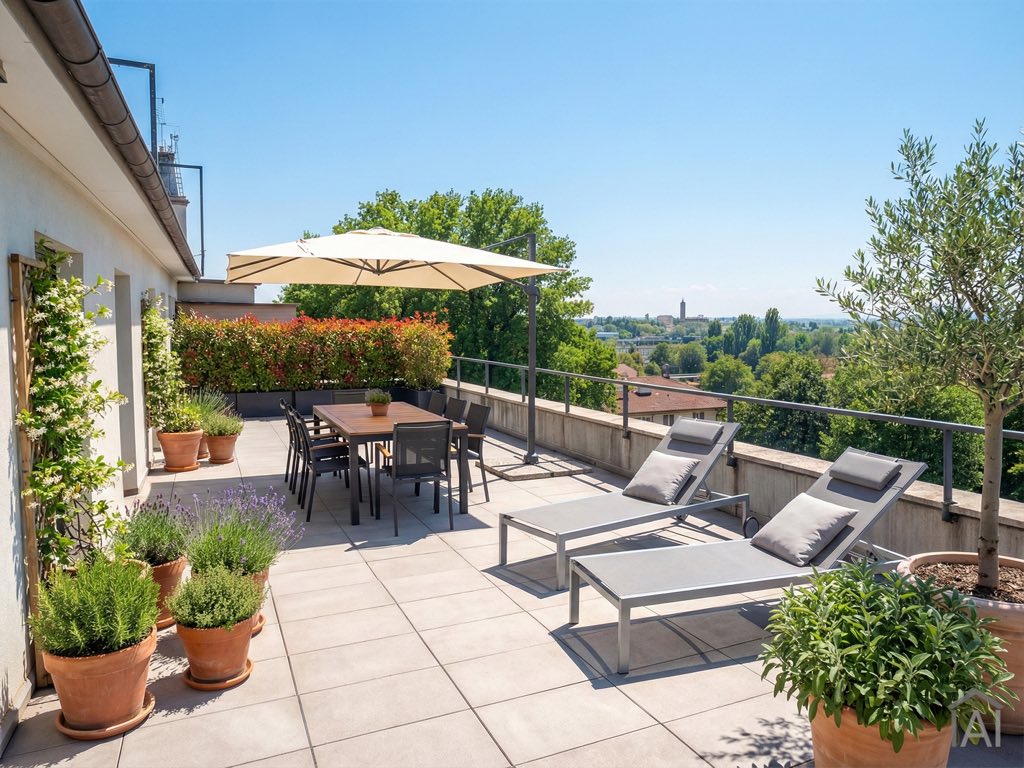 Dopo: simulazione dello stesso terrazzo arredato e fiorito al sole con ImmoAI.
